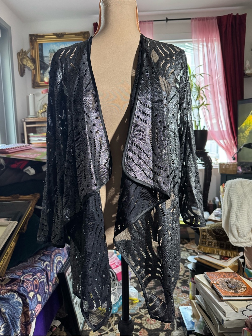 Black Open-Front Lace Draped Jacket